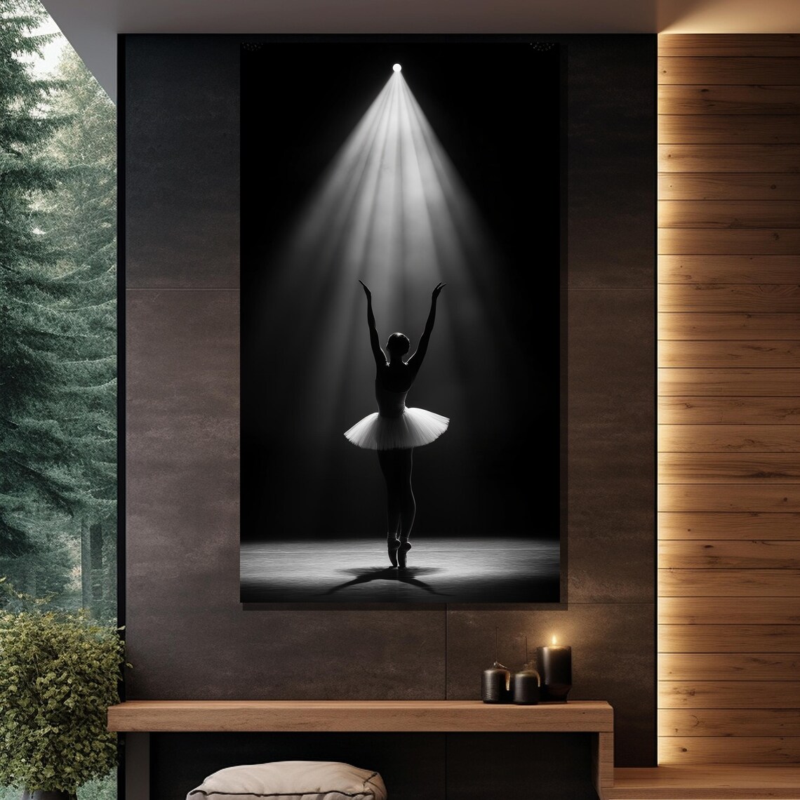Ballerina Under Spotlight Silhouette Black And White Stage Ballet Poster - Image 2