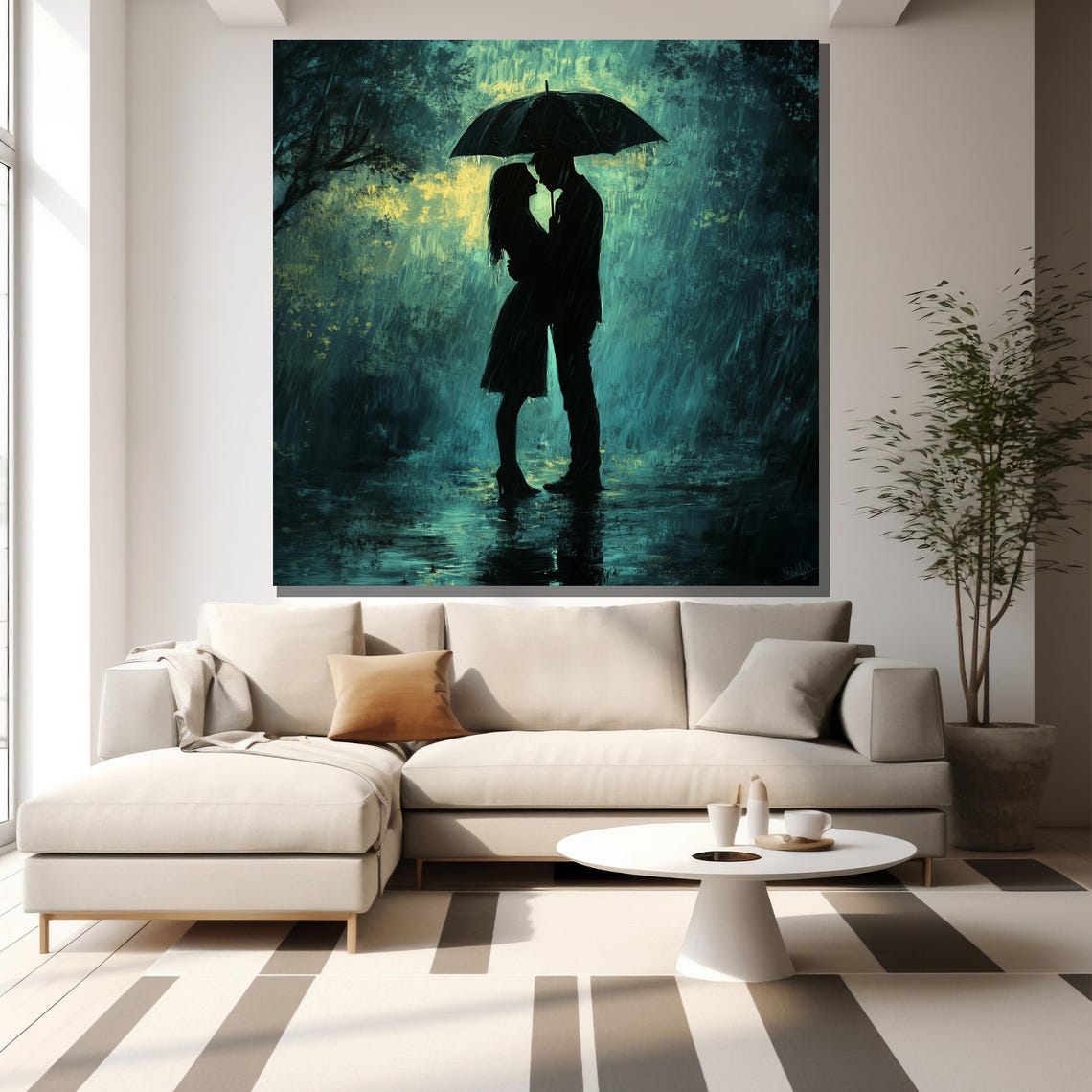Silhouette Couple Under Umbrella Rainy Night Kiss Romantic Wall Poster - Image 2