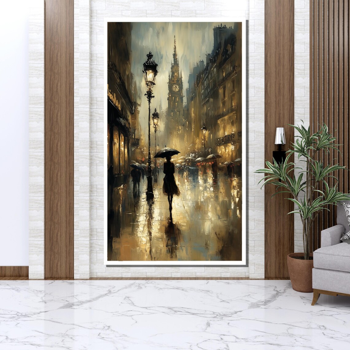 Romantic Rainy Street Umbrella Silhouette Vintage Gas Lamp City Poster - Image 3
