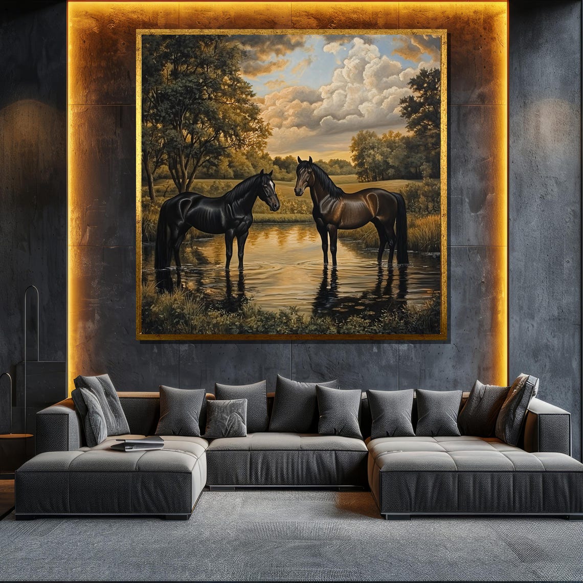 Two Horses Standing Stream Sunset Classical Equine Art Poster