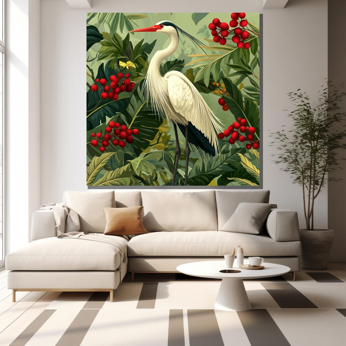 White Heron Red Berries Tropical Green Leaves Elegant Bird Poster - Image 2
