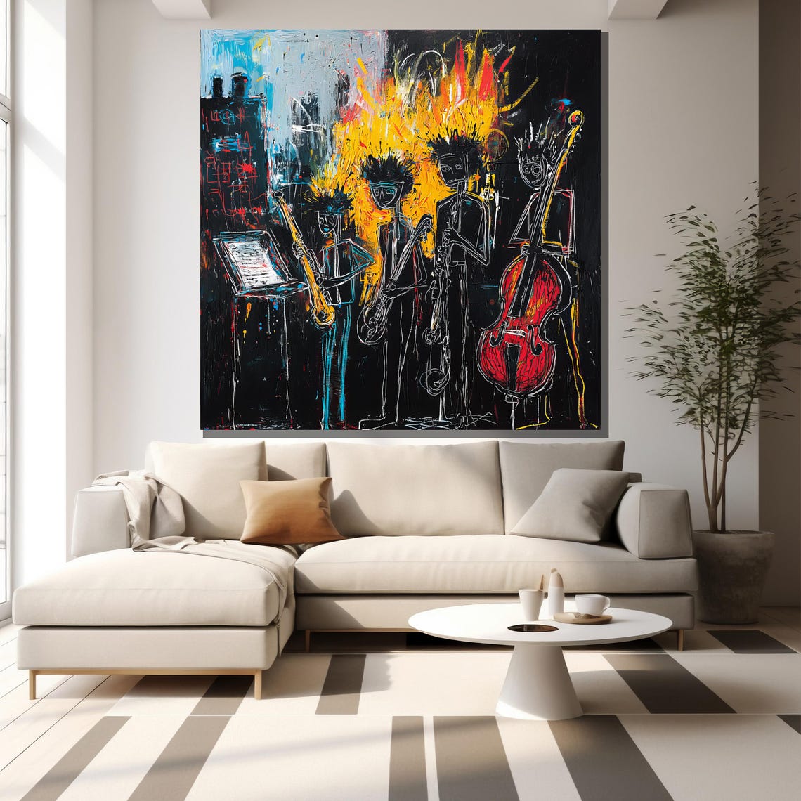 Abstract Jazz Band Basquiat Style Musicians Black Background Poster - Image 2