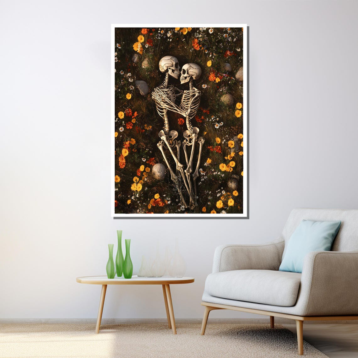 Two Skeletons Embracing In A Wildflower Field Surreal Art Poster - Image 3