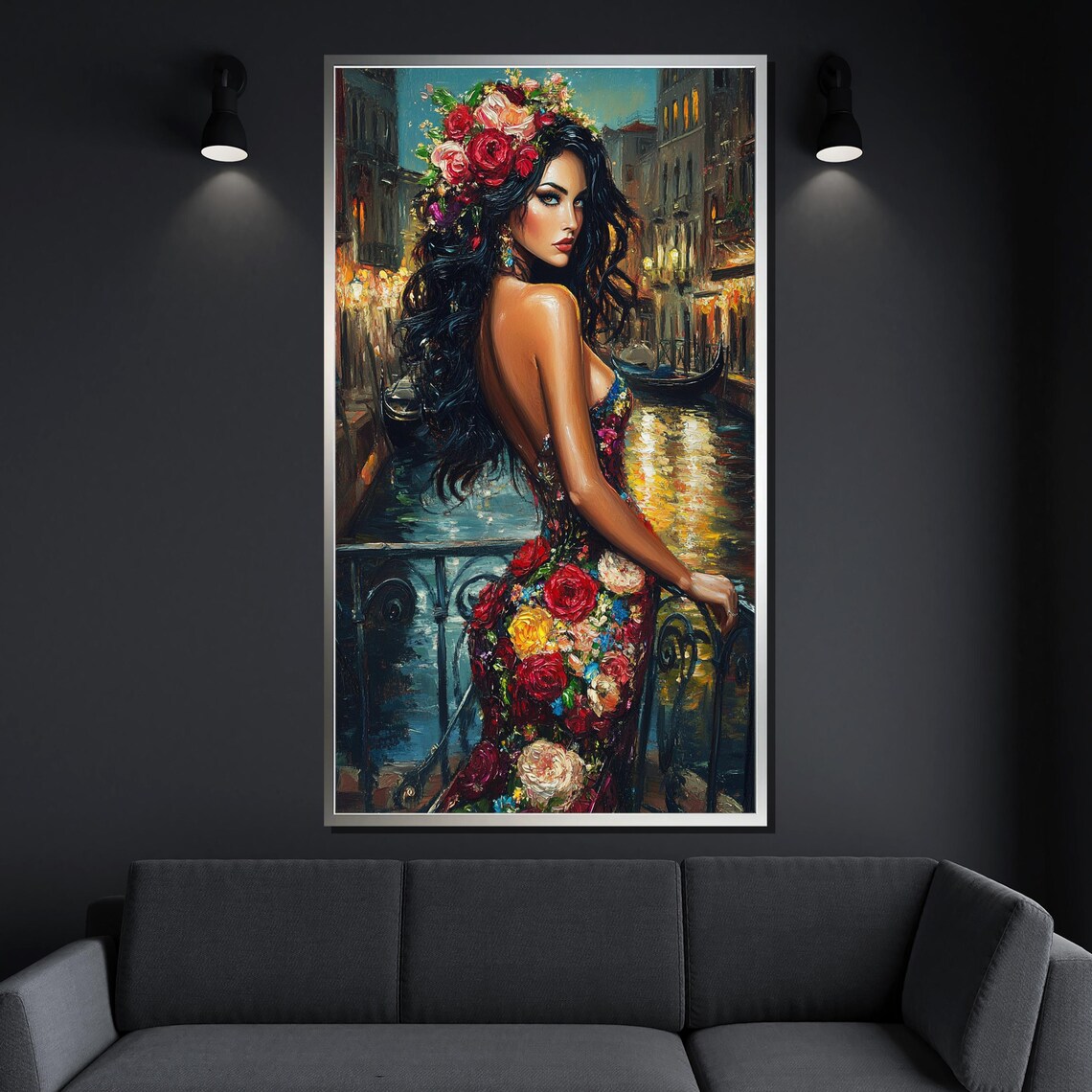 Elegant Woman Floral Dress Flower Crown Venice Canal Night Wall Poster - Image 4