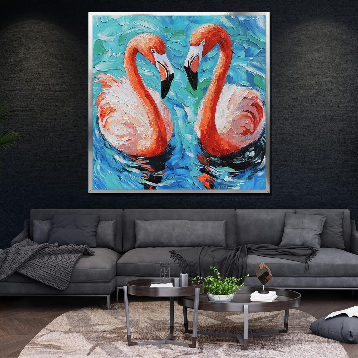 Two Flamingos Heart Shape Turquoise Water Impasto Art Poster - Image 4