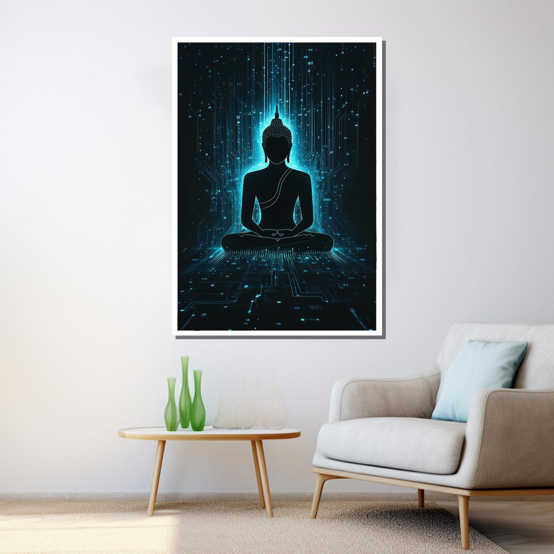 Futuristic Buddha Silhouette Glowing Blue Digital Matrix Art Poster - Image 3