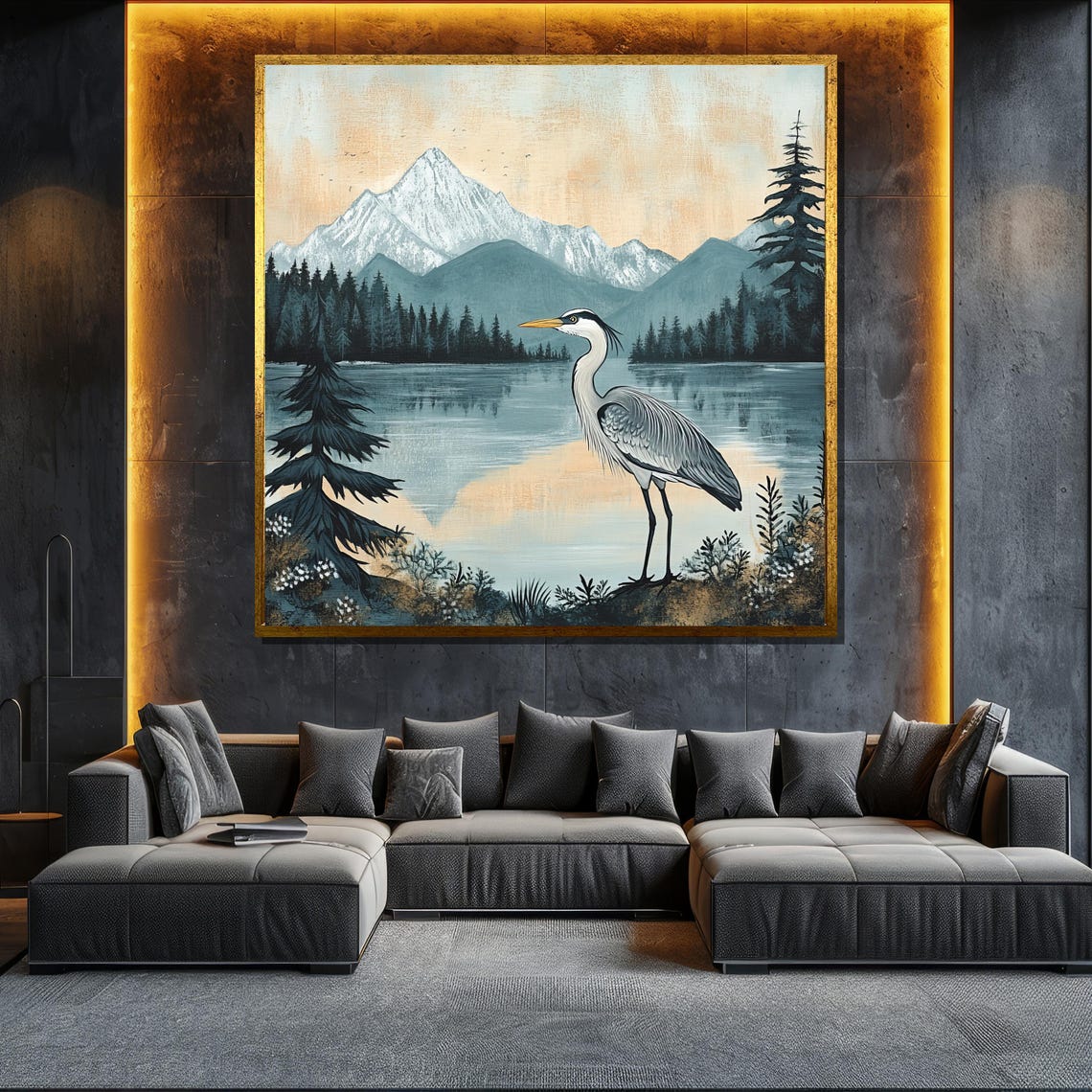 Great Blue Heron Mountain Lake Serene Nature Bird Art Poster