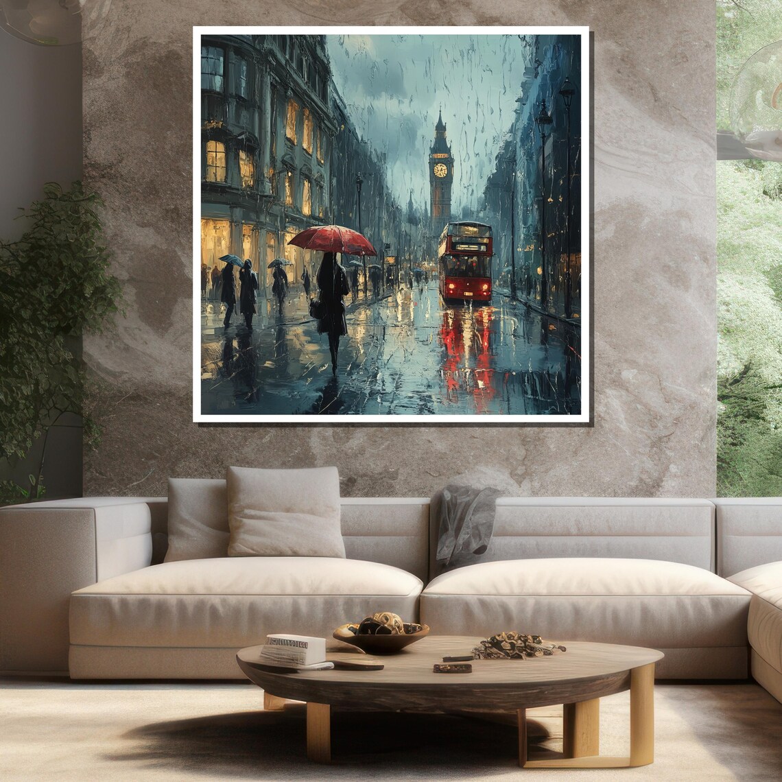 London Rainy Street Big Ben Red Bus Red Umbrella Romantic City Poster - Image 3