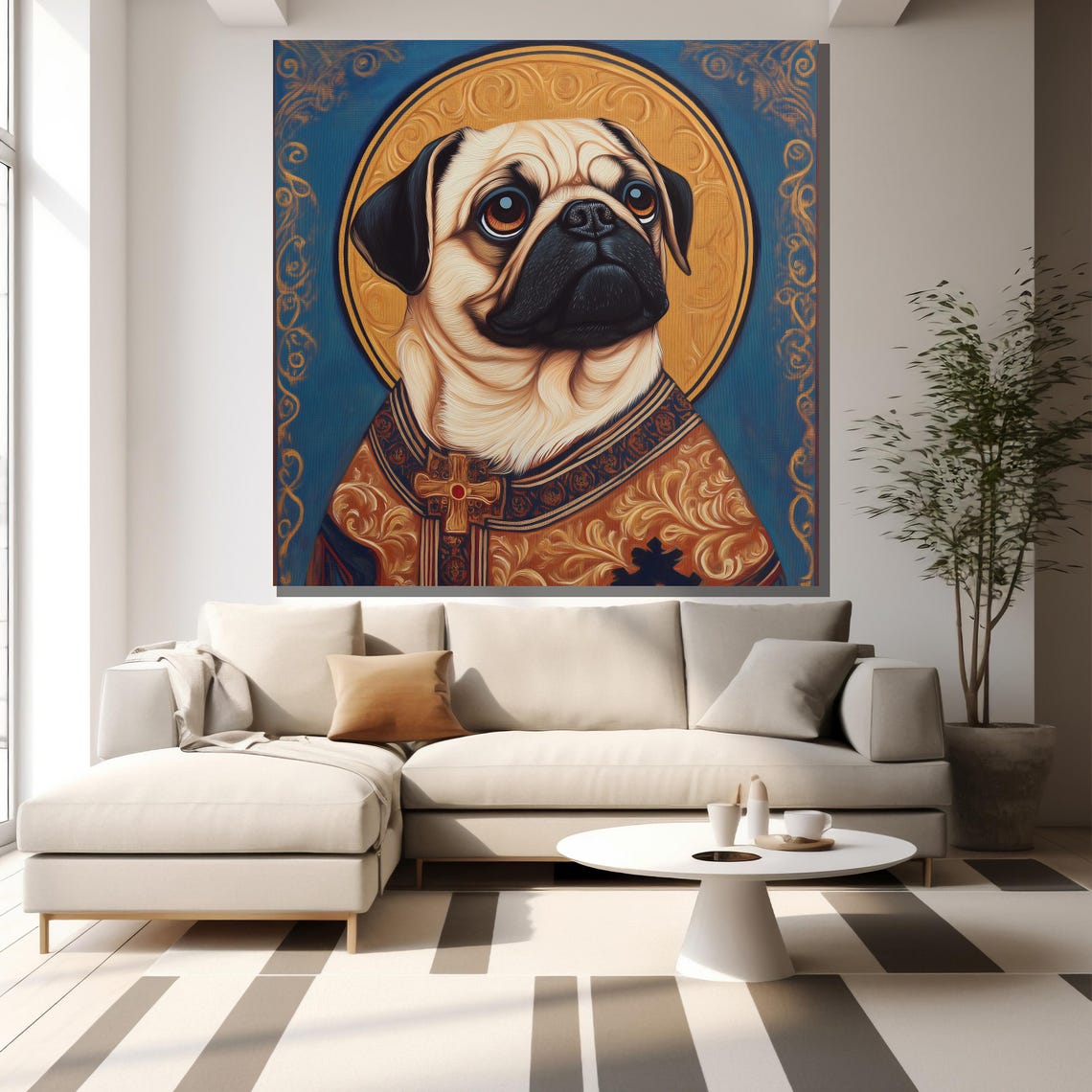 Pug Royal Portrait Golden Halo Whimsical Dog King Icon Wall Art - Image 2