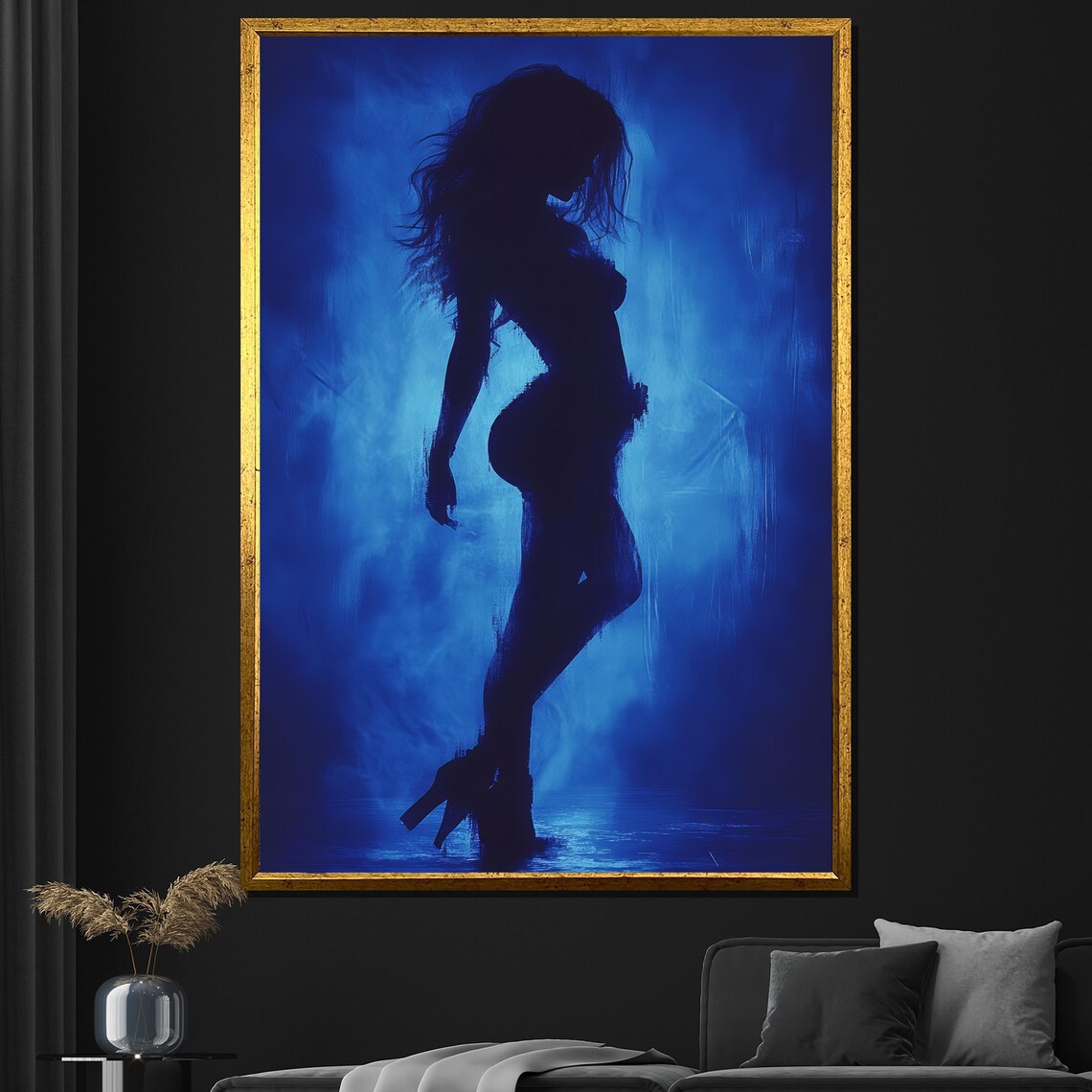 Mysterious Woman Silhouette In Blue Glow Dramatic Moody Painting Poster
