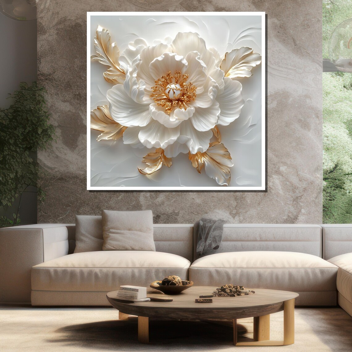 White And Gold 3D Textured Floral Painting Luxury Wall Art Poster - Image 3