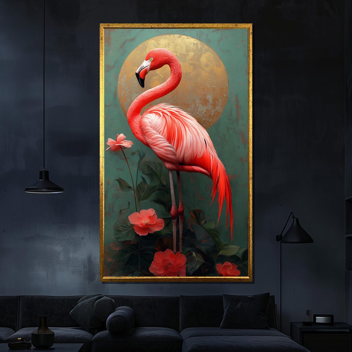 Flamingo Golden Moon Tropical Elegant Pink Bird Floral Wall Art