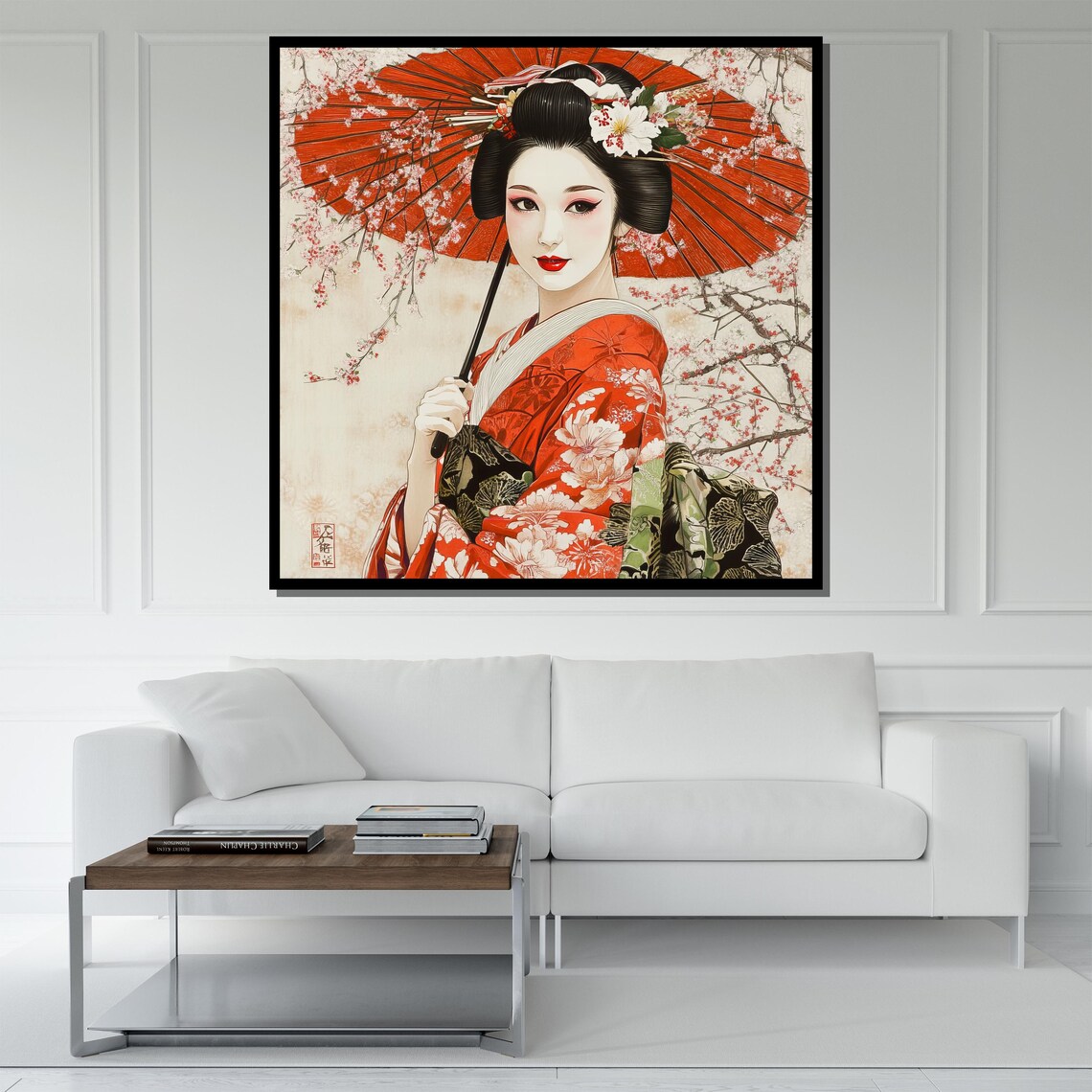 Traditional Geisha Red Umbrella Cherry Blossom Floral Kimono Wall Art - Image 5