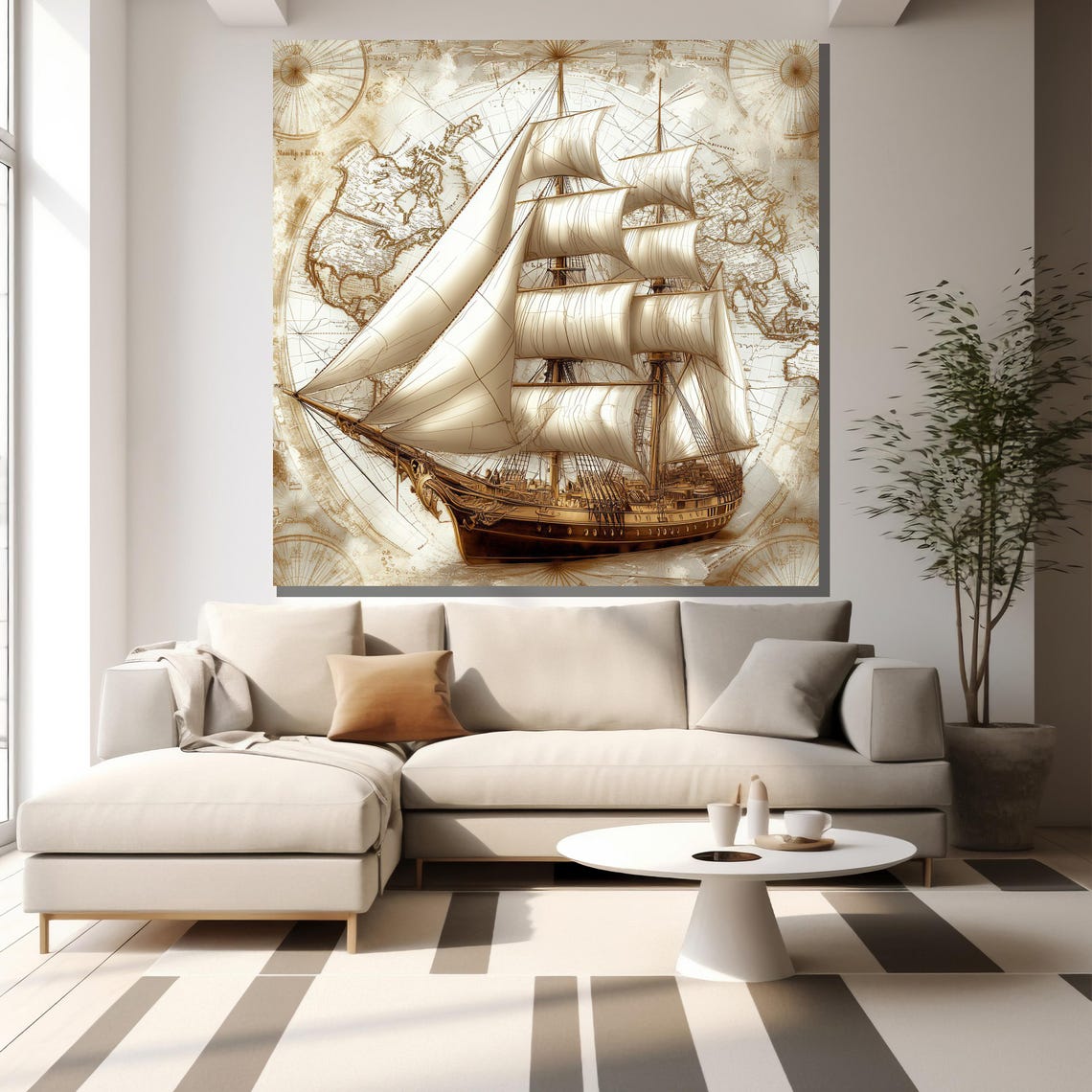 Vintage Sailing Ship On Antique World Map Nautical Wall Art Poster - Image 2