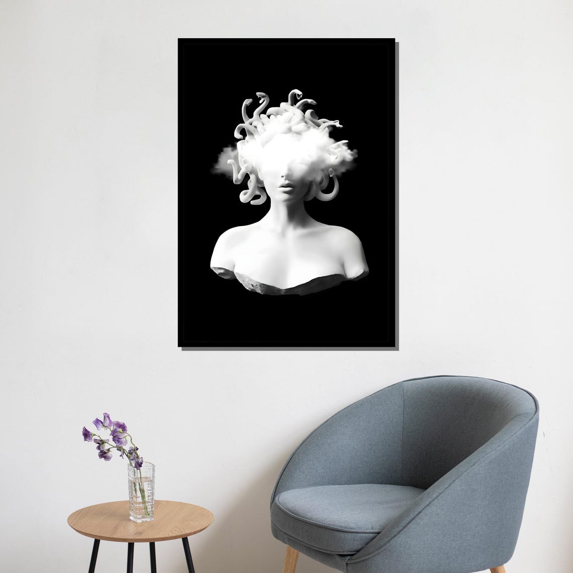 Modern Medusa Bust Black And White Abstract Wall Art With Cloud Effect For Home Decor Or Gift - Image 5