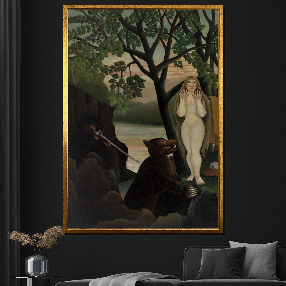 Henri Rousseau Style Nude Woman Bear River Bank Naive Art Poster