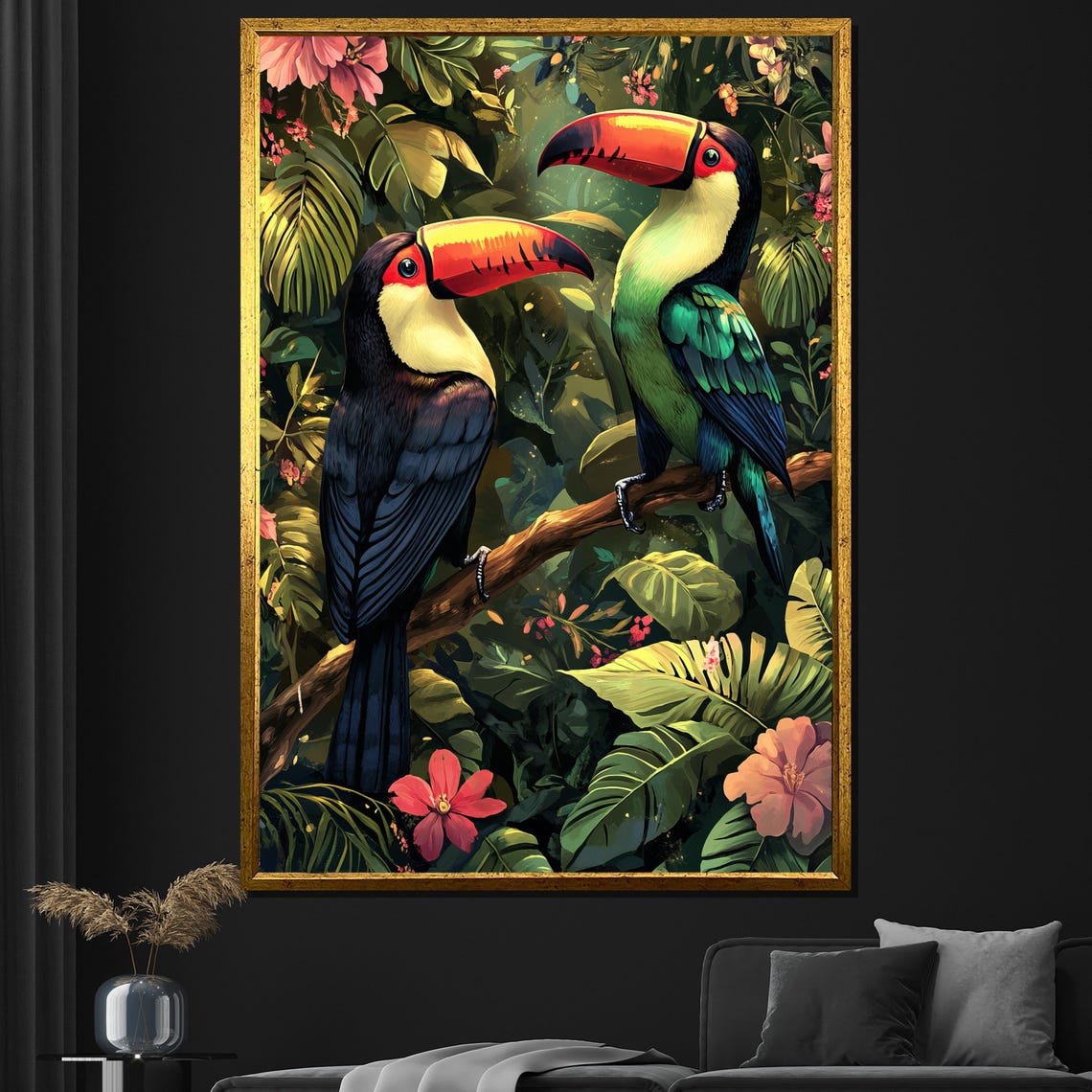Toucans Tropical Pair Colorful Beaks Hibiscus Jungle Wall Art