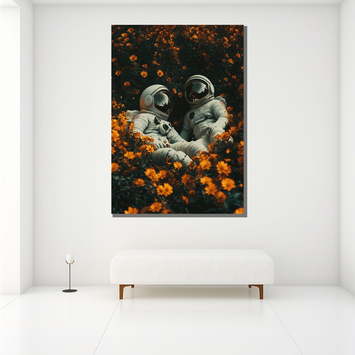 Two Astronauts Resting Together In A Field Of Orange Flowers Poster - Image 2
