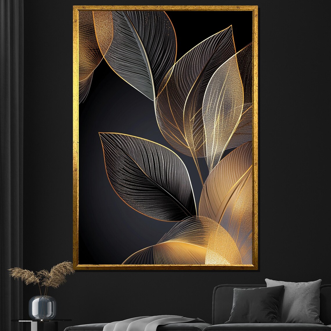 Gold and Black Leaf Painting, Modern Abstract Art Print