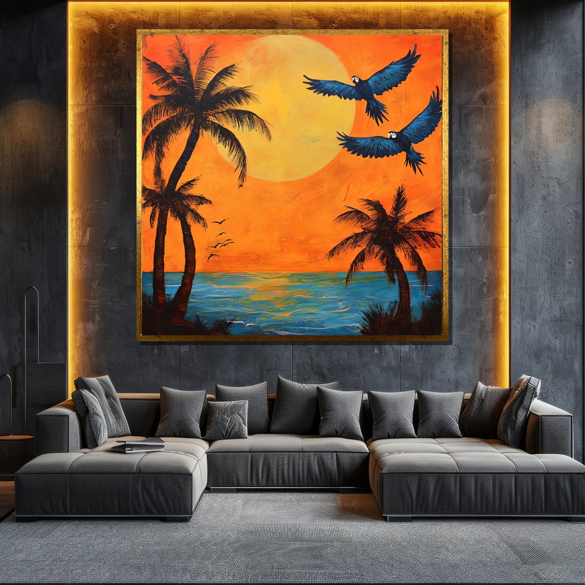 Tropical Sunset Beach Macaws Flying Palm Trees Ocean Wall Art