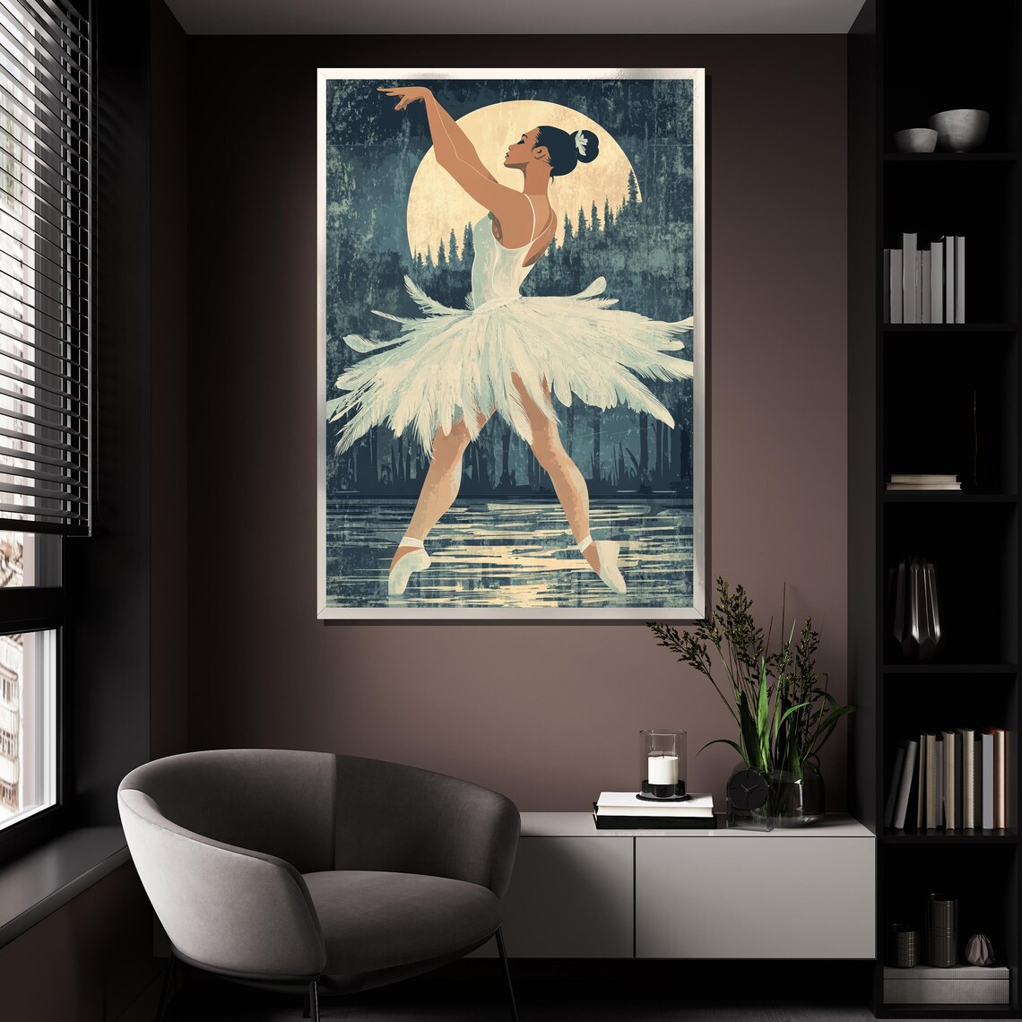 Moonlit Ballerina With Feather Tutu By The Lake Vintage Art Poster - Image 4