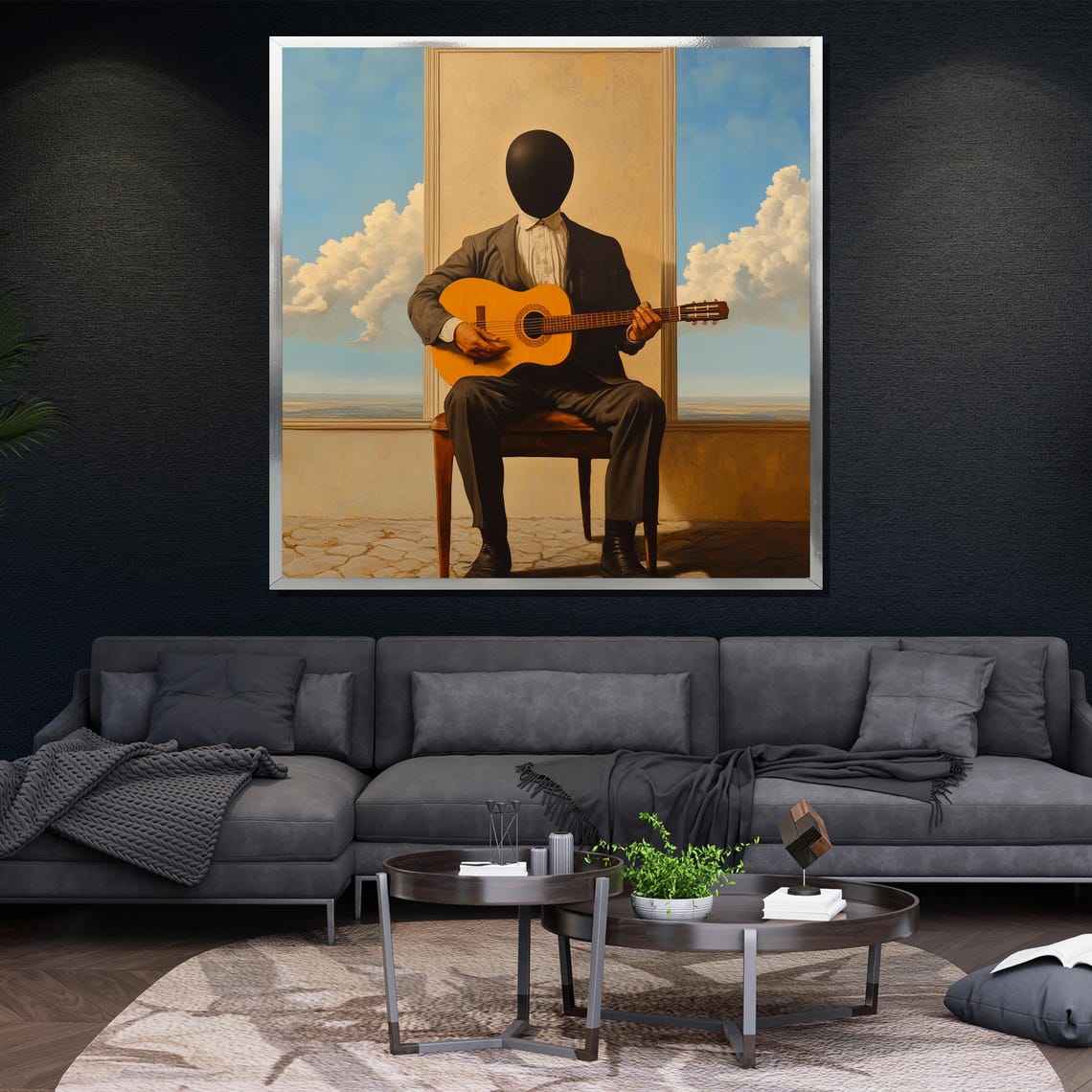 Faceless Man Playing Guitar By The Window Surreal Art Poster - Image 4