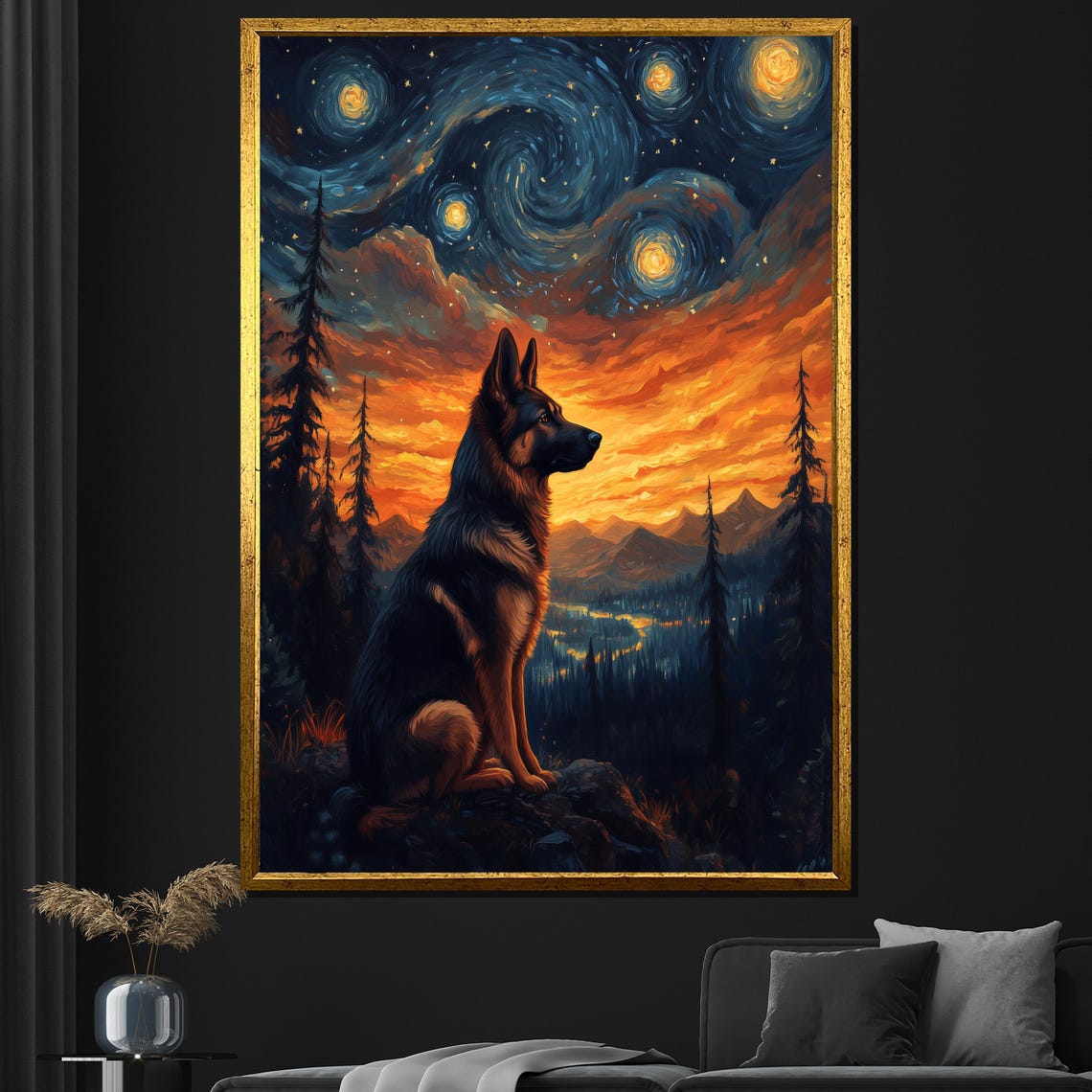 German Shepherd Starry Night Sky Mountains Sunset Dog Poster