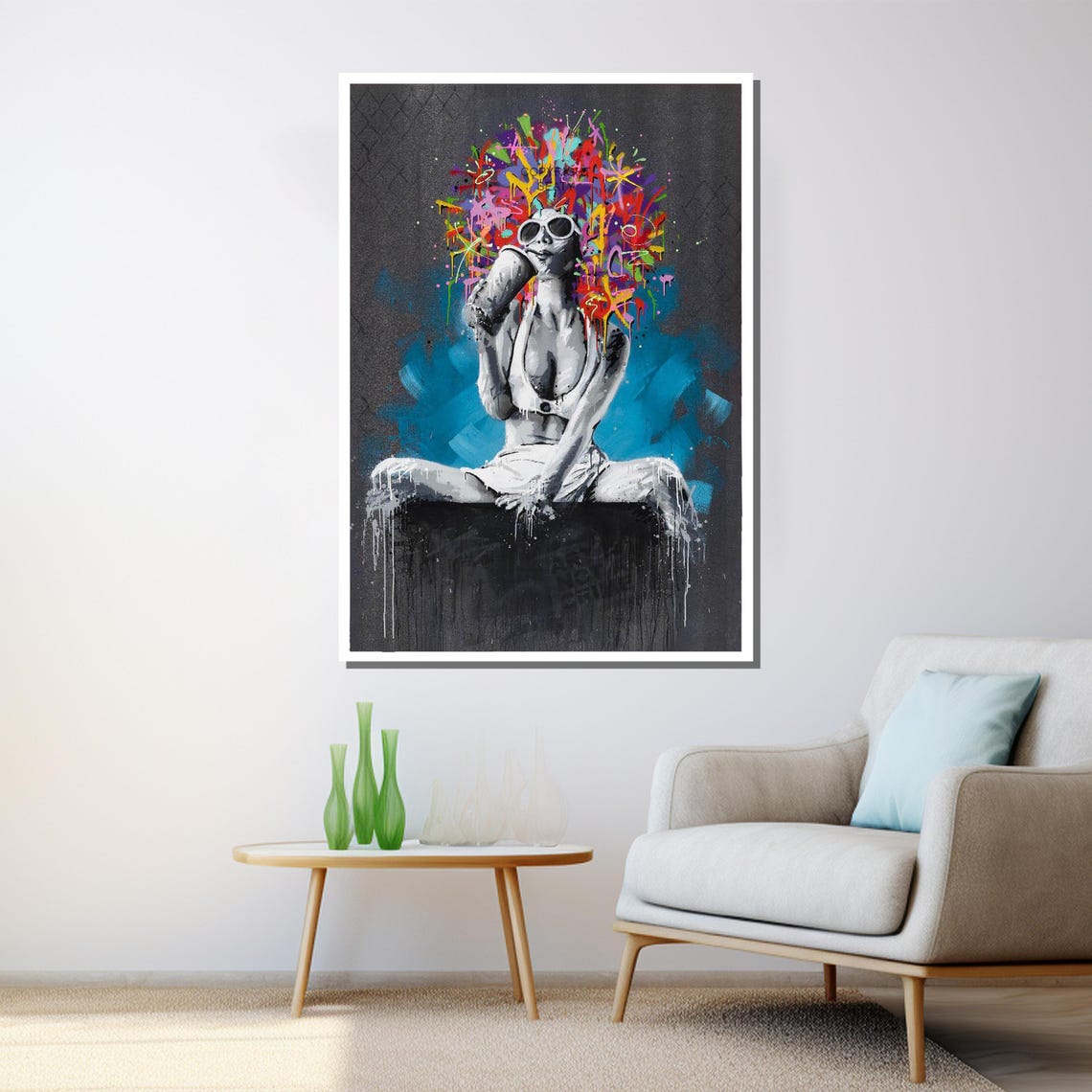 Graffiti Style Woman Art Bold Abstract Wall Art With Blue And Vibrant Colors For Home Or Gift - Image 3