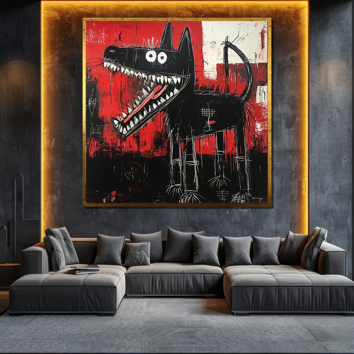 Bold Black Dog Abstract Painting Red Neo Expressionist Pop Art Poster