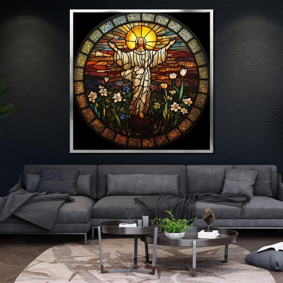 Jesus Stained Glass Window Round Church Floral Religious Art Poster - Image 4