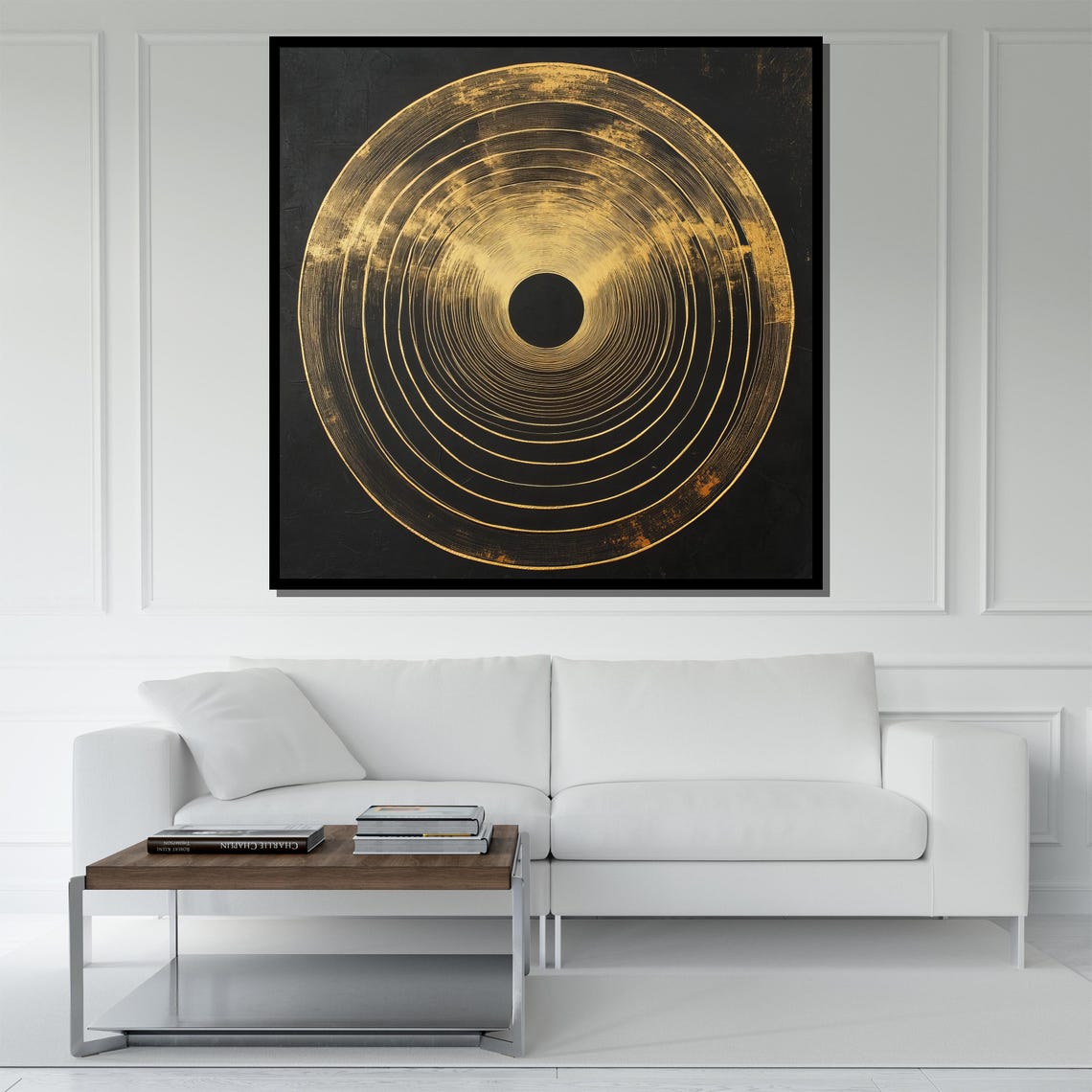 Golden Concentric Circles On Black Minimalist Monochrome Ripple Poster - Image 5