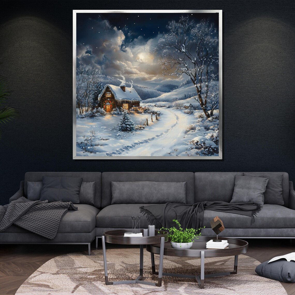 Winter Night Cabin In Snow Moonlit Landscape Cozy Holiday Art Poster - Image 4