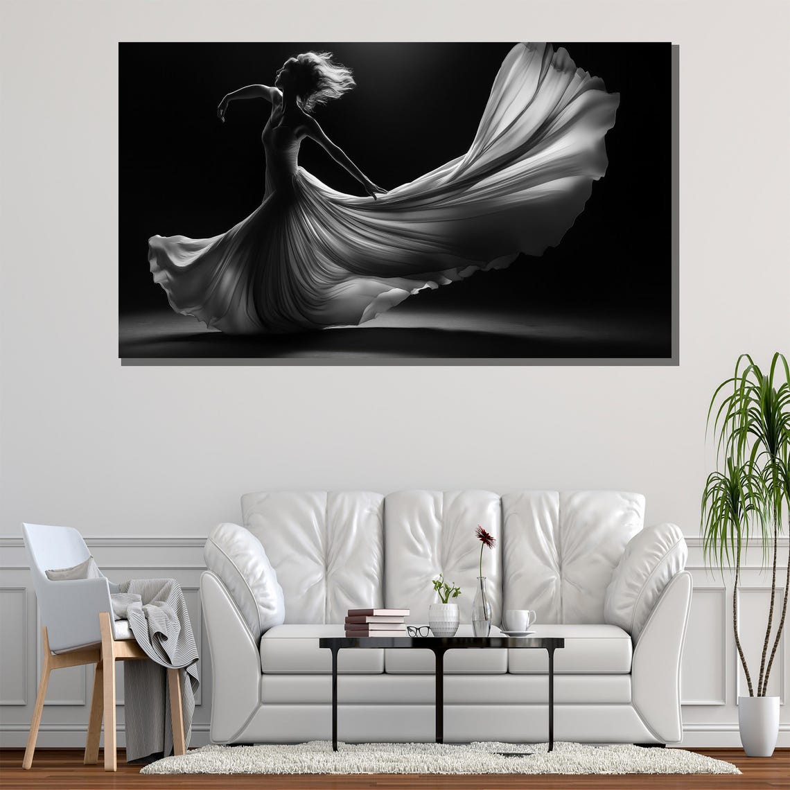 Woman Dancing In Flowing Gown Black And White Dramatic Art Poster - Image 2