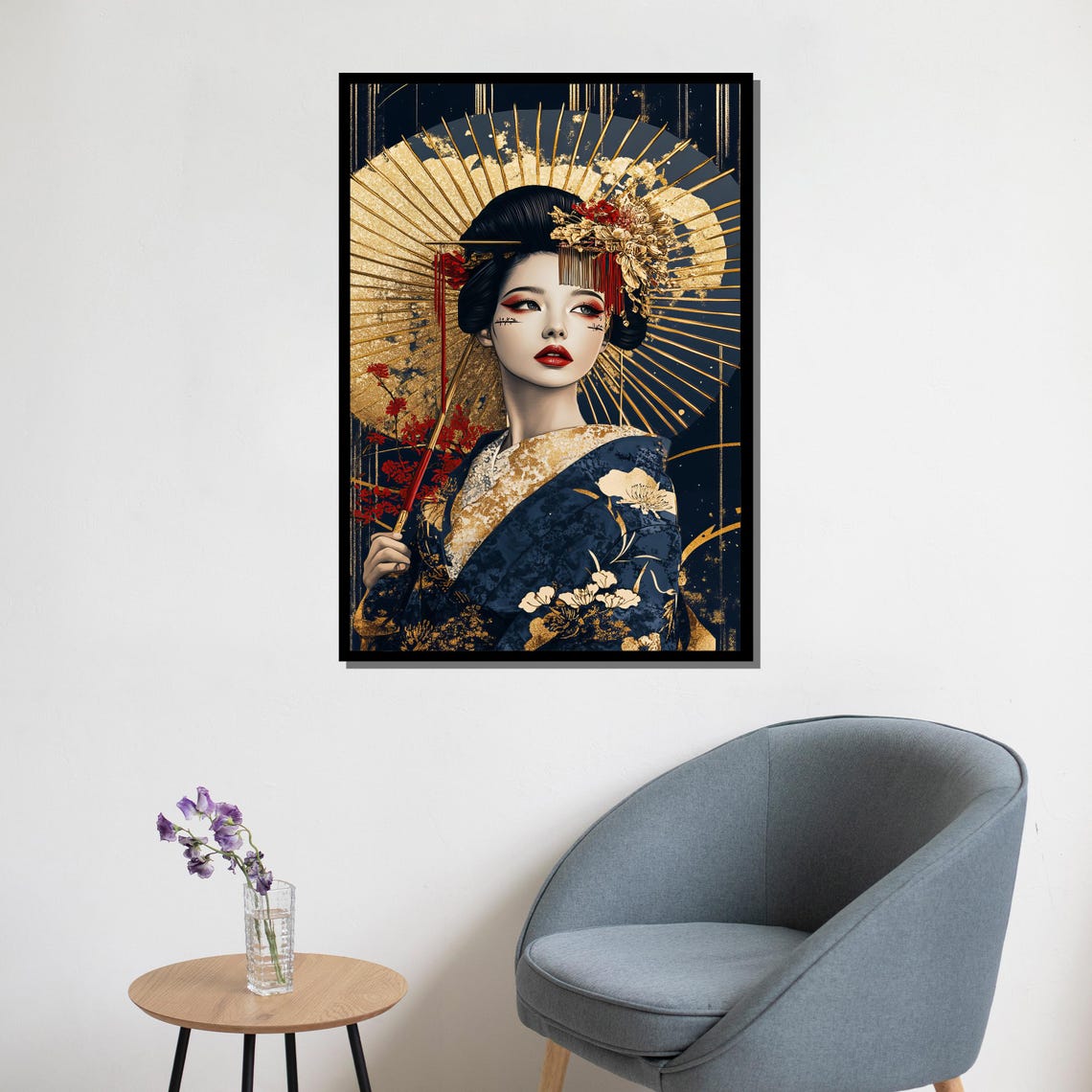 Luxury Geisha Gold Parasol Navy Blue Kimono Japanese Elegant Poster - Image 5