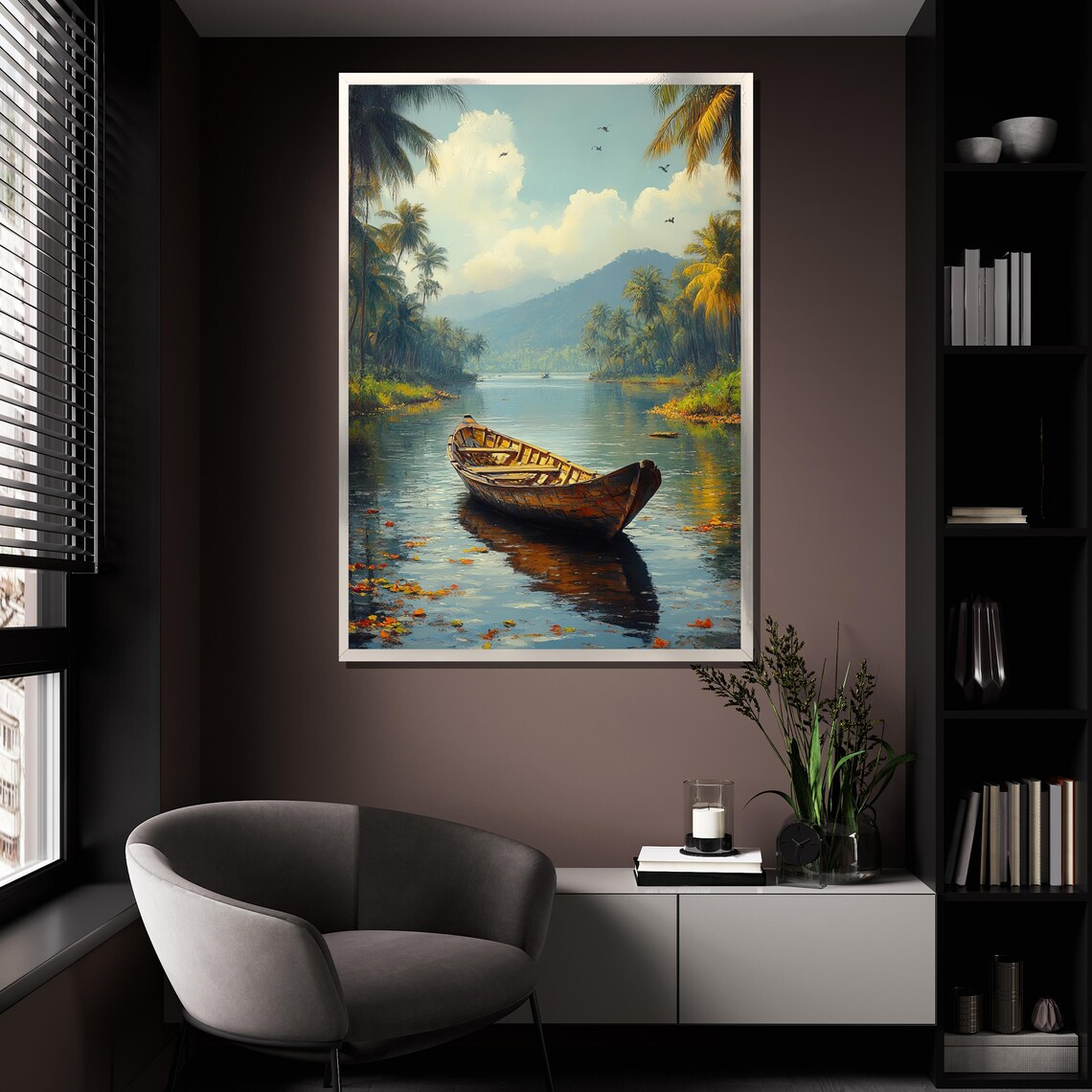 Wooden Canoe Tropical River Palm Trees Tranquil Nature Painting Poster - Image 4