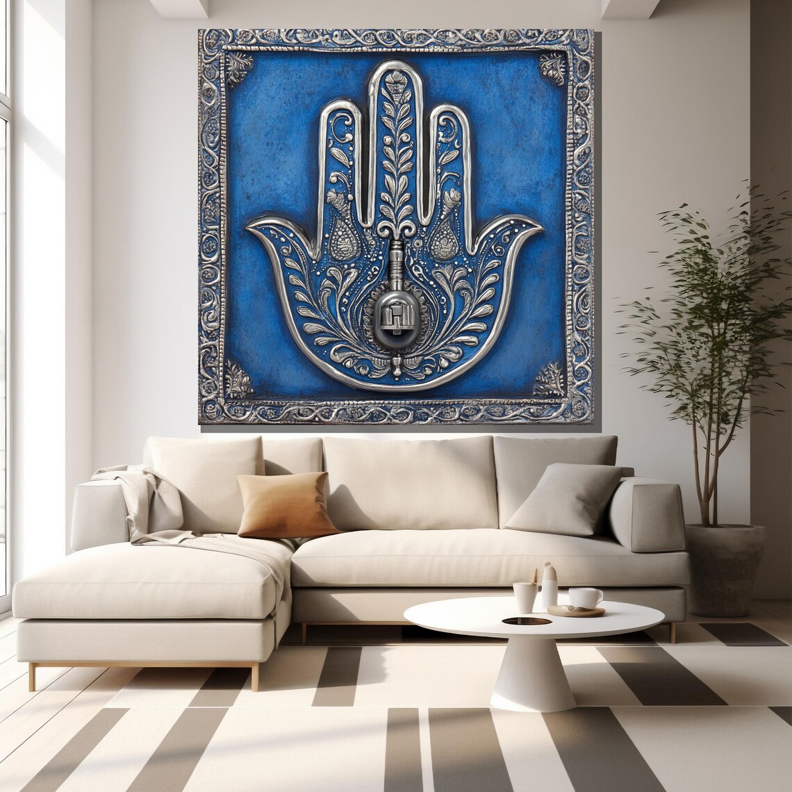 Ornate Silver Hamsa Hand Blue Boho Spiritual Protection Wall Art Poster - Image 2