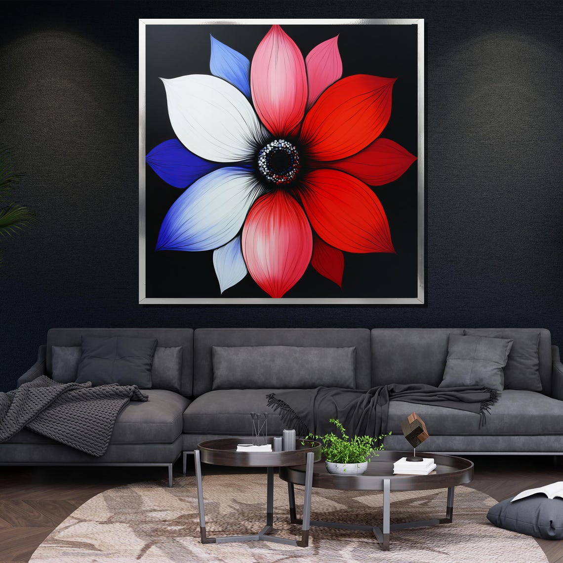 Bold Modern Red White And Blue Flower On Black Background Art Poster - Image 4