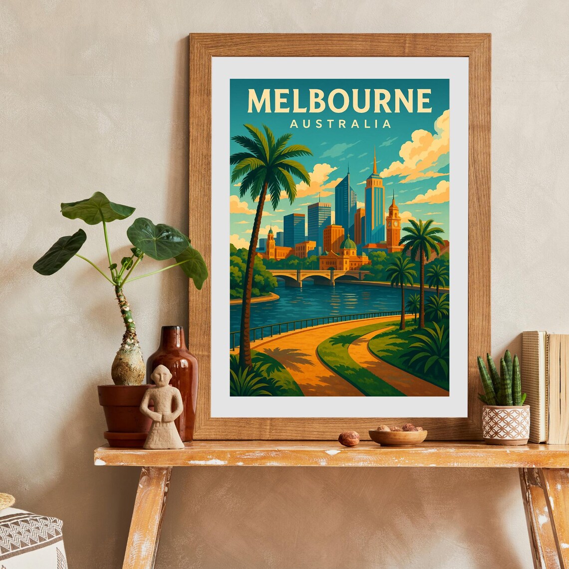 Melbourne Australia Vintage Skyline Riverwalk Retro Travel Poster