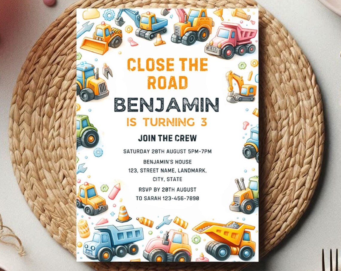 Benjamin Is Turning 3 Construction Truck Birthday Invitation Print - Image 4