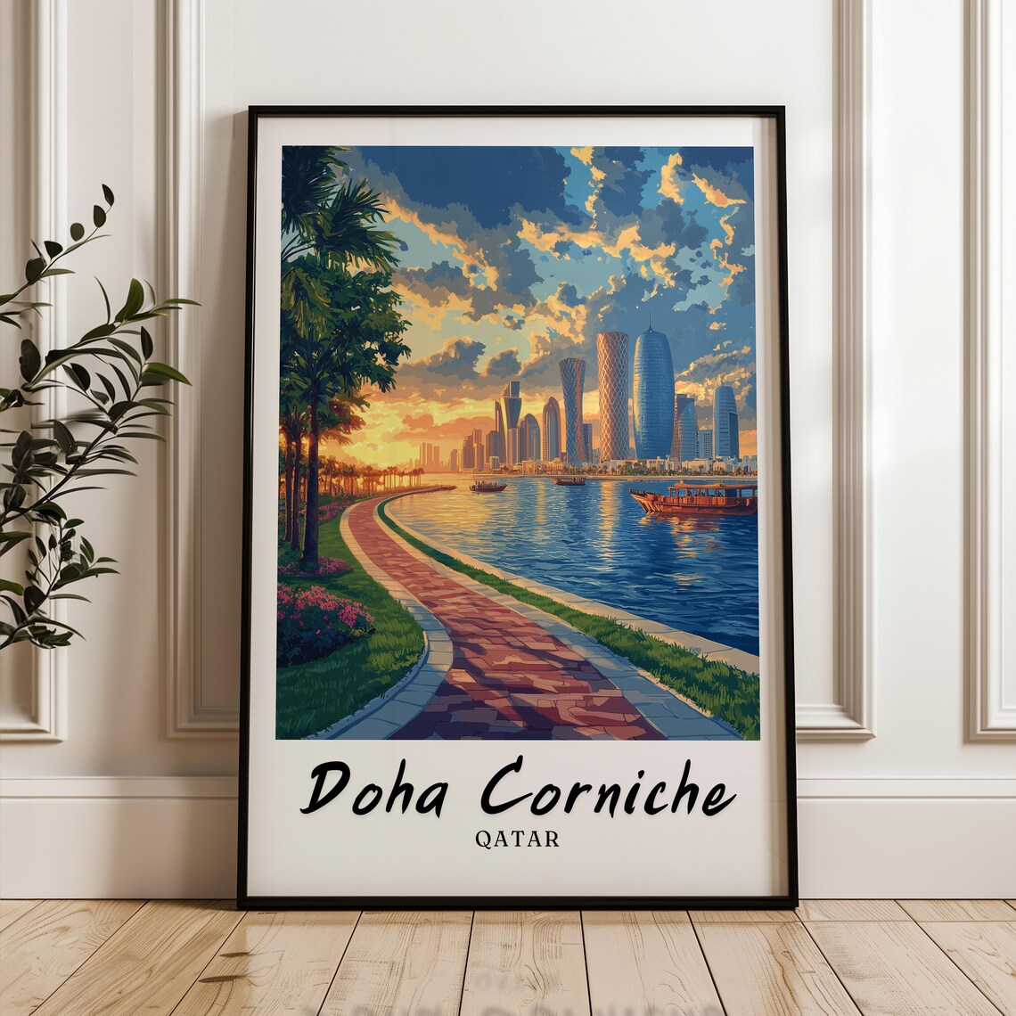 Doha Corniche Travel Poster, Qatar Wedding Gift