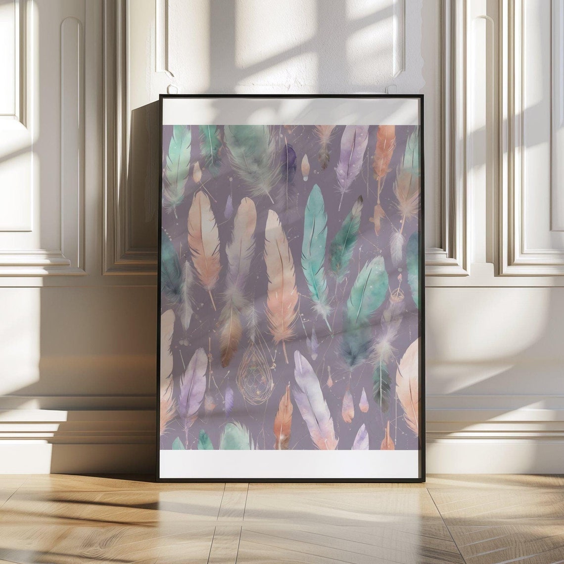 Pastel Feather Pattern Poster Purple Boho Watercolor Wall Decor