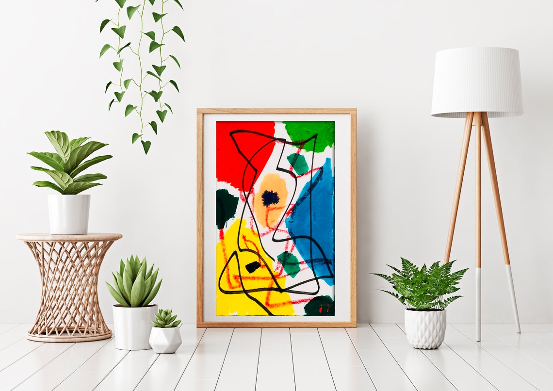 Bold Black Line Abstract Over Red Yellow Blue Color Block Poster