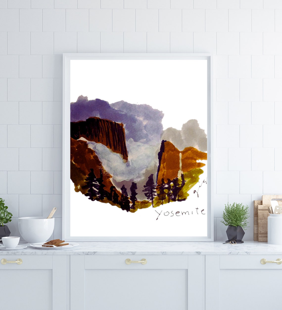 Yosemite Cliffs and Waterfall Watercolor National Park Poster