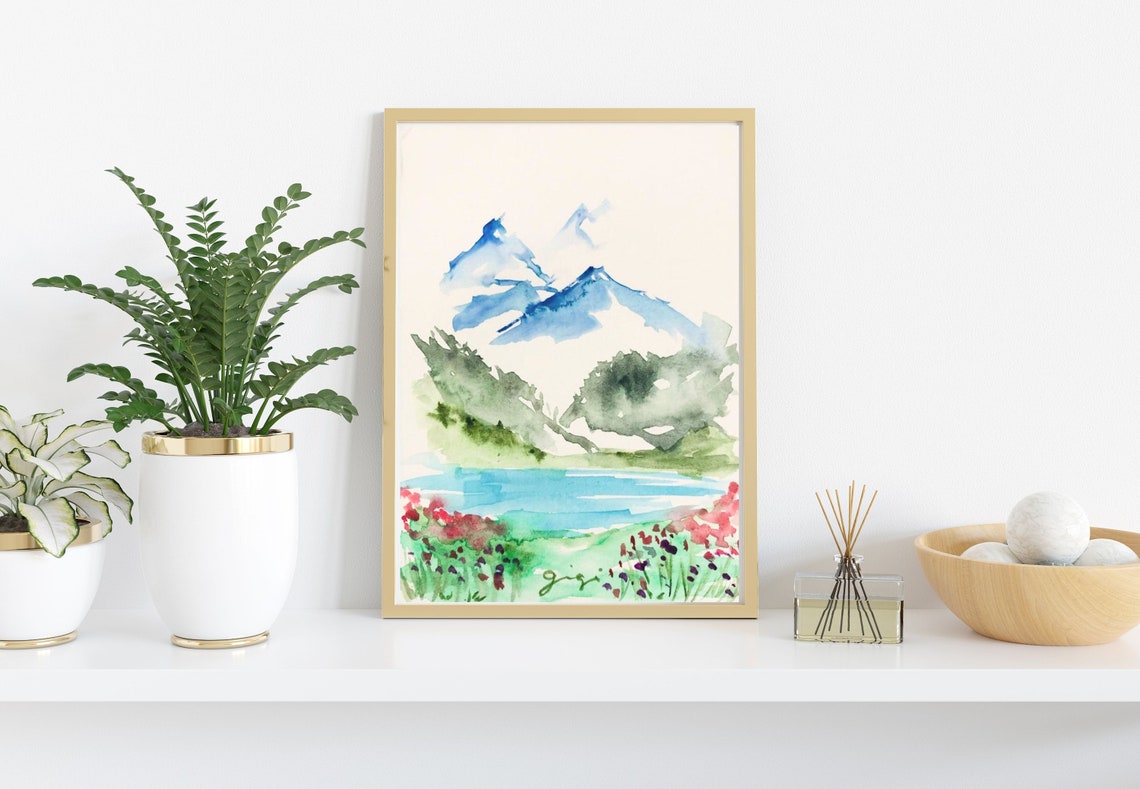 Blue Mountain Lake With a Wildflower Meadow Watercolor Poster