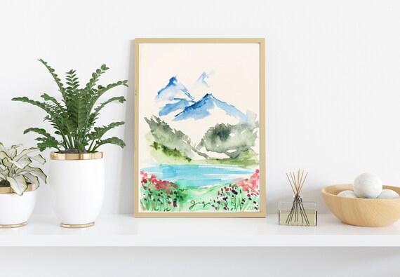 Blue Mountain Lake With a Wildflower Meadow Watercolor Poster