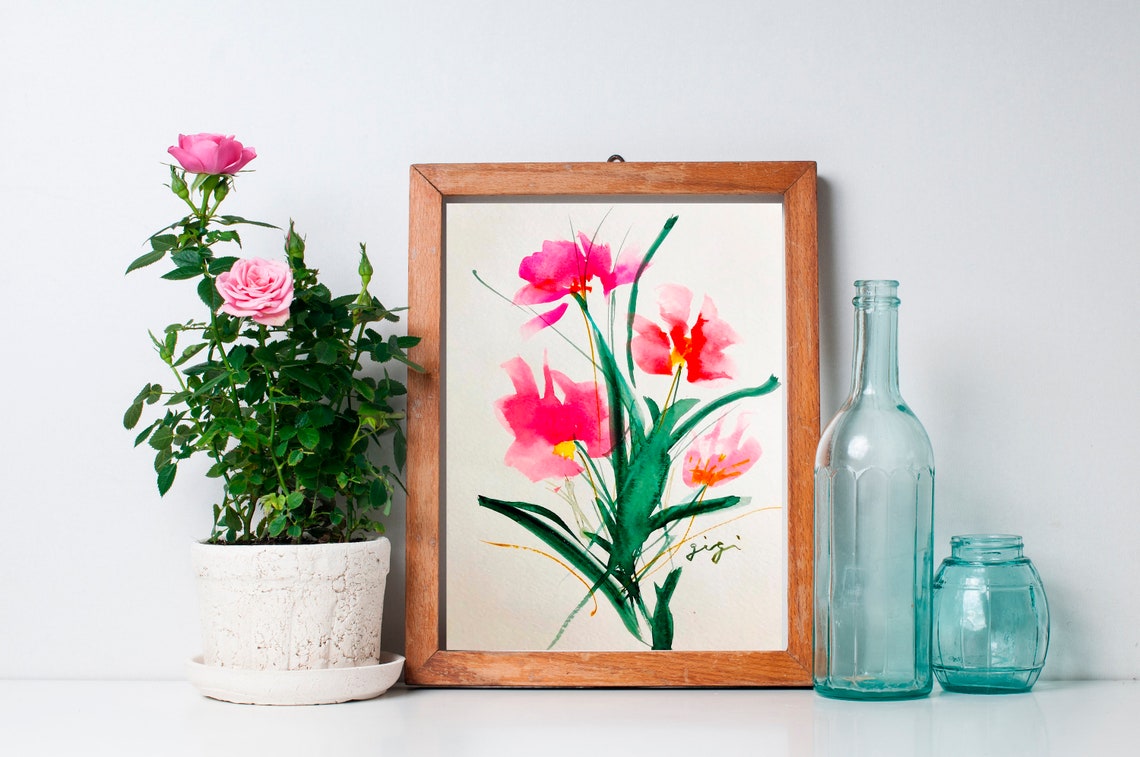Pink Poppies With Dark Green Leaves in Loose Watercolor Poster
