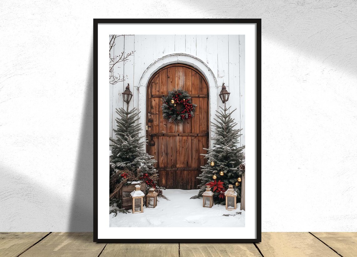 Christmas Door Winter Poster, Winter Holiday Art Print