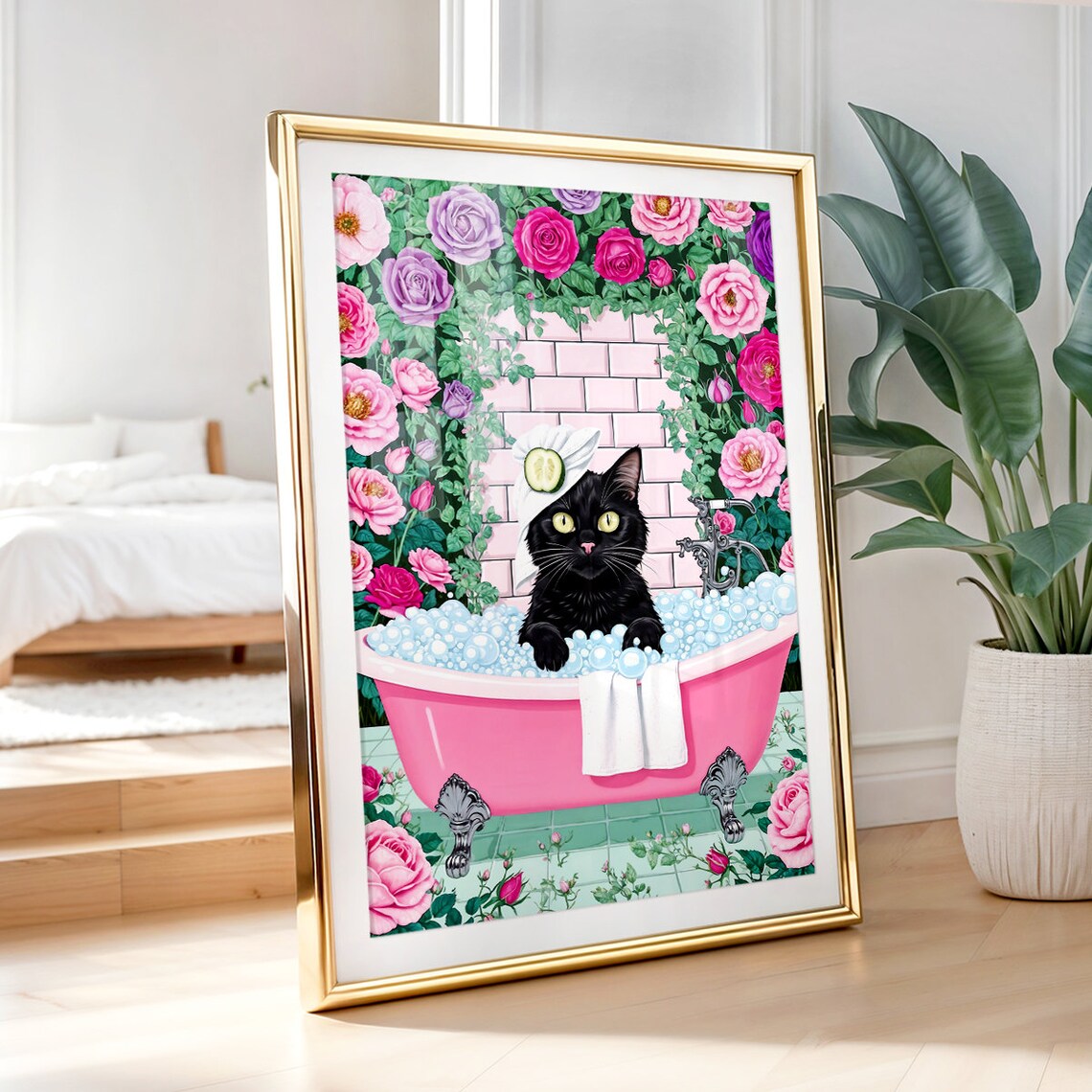 Black Cat In Pink Bubble Bath With Towel Wrap And Roses Poster