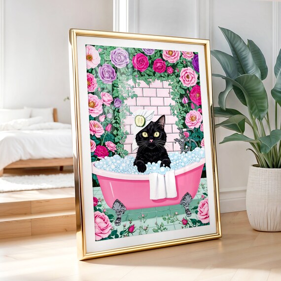 Black Cat In Pink Bubble Bath With Towel Wrap And Roses Poster