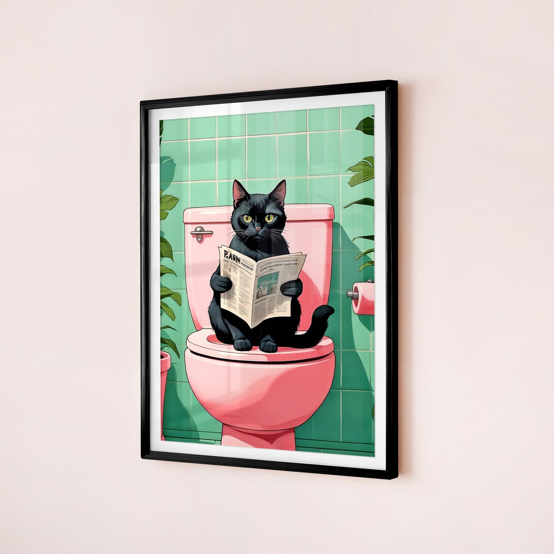 Black Cat Reading Newspaper on Pink Toilet Funny Bathroom Poster - Image 3